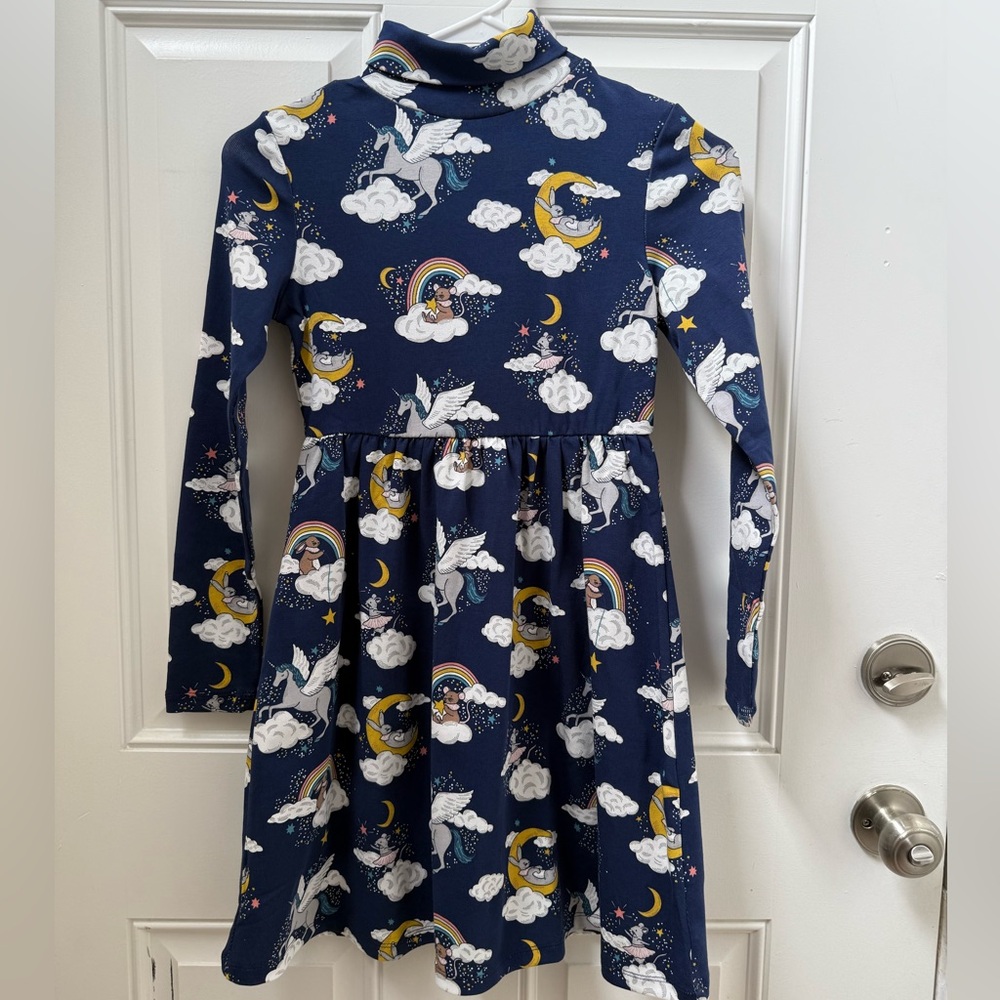 NWT Mini Boden Navy Blue Dress with Unicorn and Rainbow Print
